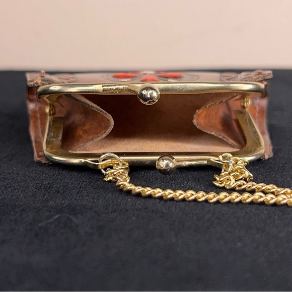 HANDMADE TOOLED LEATHER COIN PURSE GOLD CHAIN PAINTED FLEUR DE LIS WESTERN - Picture 8 of 14